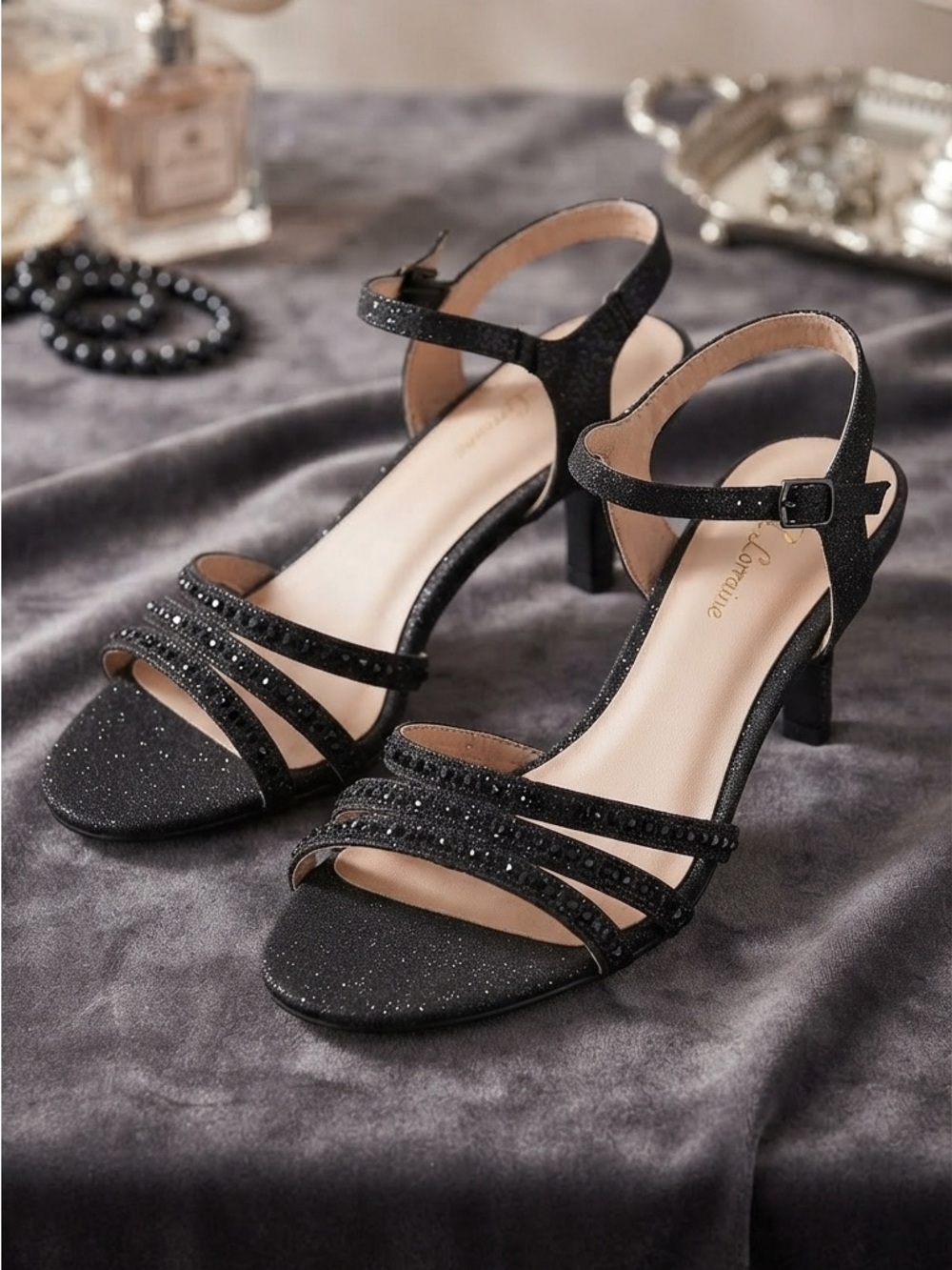 Sparkle Black Strappy Mid-Heel Sandals